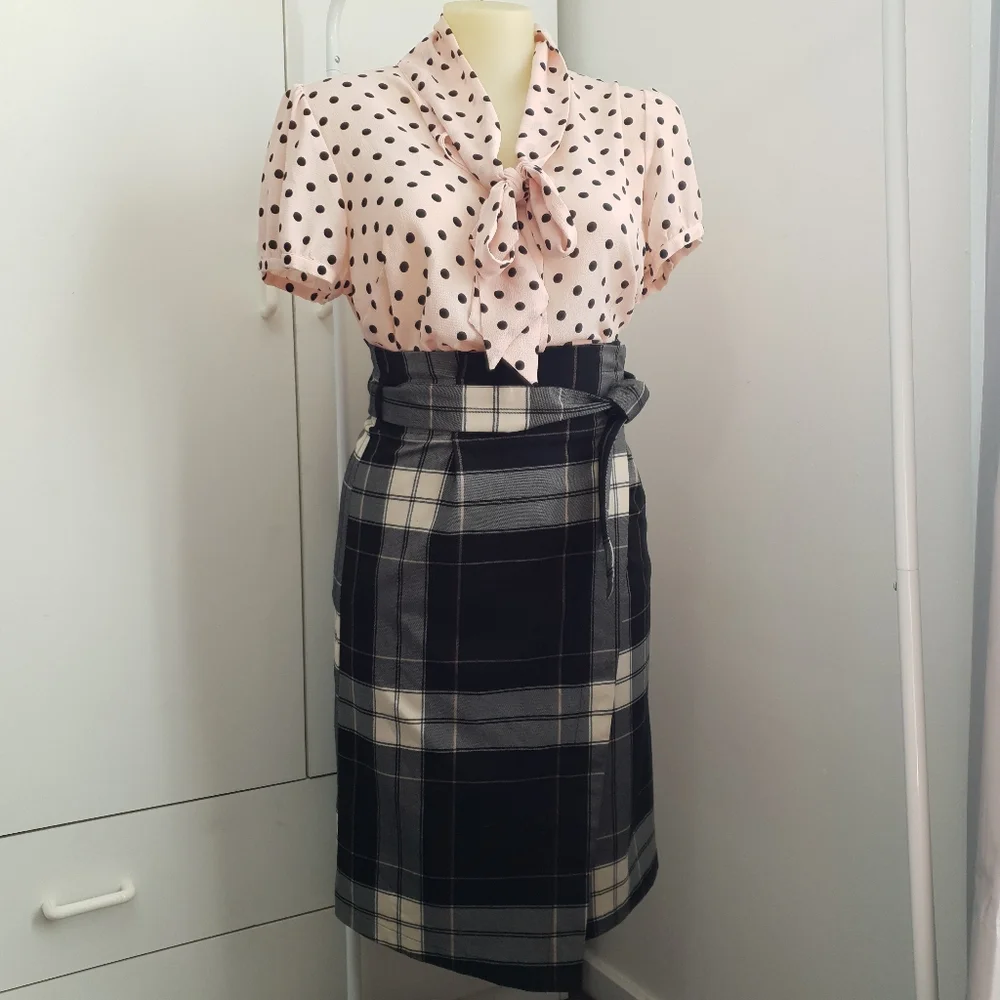 NWT AU 14 Dotti Black White Plaid Midi Belt Wrap Skirt - Picture 1 of 16